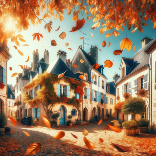 Dall·e 2023 11 20 12.14.36 A Charming Autumn Scene In A French Village With Leaves Falling From Trees, Some Swirling And Twirling In The Air, Against A Backdrop Of Quaint French