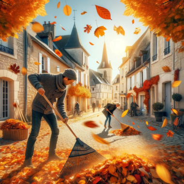 Dall·e 2023 11 20 12.14.48 A Vibrant Autumn Scene In A French Village, Featuring Two People Raking Fallen Leaves. One Person Is In The Foreground, Focused On Gathering The Color