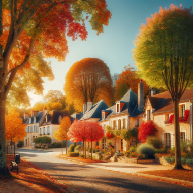 Dall·e 2023 11 20 12.16.31 A Picturesque Autumn Scene In A French Village, Showcasing A Mix Of Trees With Vibrant Colored Leaves And Some Trees Still Green, Indicating A Late Au