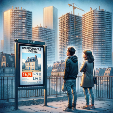 Dall·e 2023 11 22 10.19.10 A Poignant Illustration Of A Young Couple Looking At An Unaffordable Housing Advertisement In A Bustling French City, With High Rise Buildings In The
