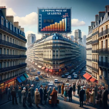 Dall·e 2023 11 22 10.19.12 A Bustling French Cityscape With A Large Billboard Displaying The Rising Costs Of Real Estate, Symbolizing The Housing Crisis. The Billboard Contrasts
