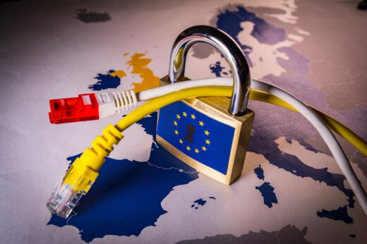 Padlock,and,net,cable,over,eu,map,,symbolizing,the,eu