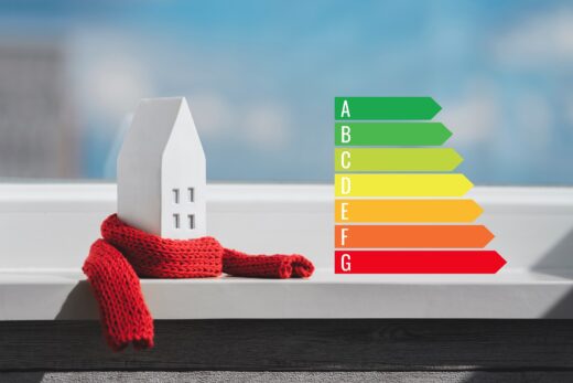 Miniature,house,in,a,red,scarf,and,energy,efficiency,chart