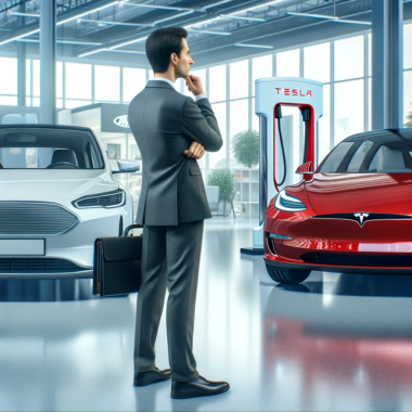 Dall·e 2024 01 04 11.51.13 An Image Depicting A Person Standing At A Car Dealership, Looking Thoughtfully At Two Different Electric Cars, One From Byd And The Other From Tesla.