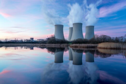 Nuclear,power,plant,after,sunset.,dusk,landscape,with,big,chimneys.