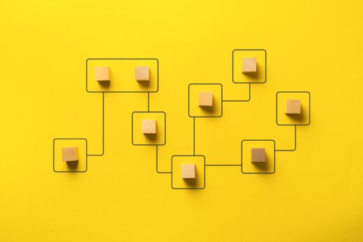 Business,logic,algorithm,,lines,connect,between,wooden,cubes,,creative,concept