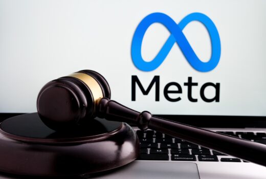 Court,gavel,placed,on,laptop,with,blurred,meta,platforms,company