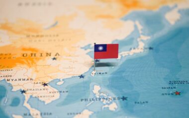 The,flag,of,taiwan,on,the,world,map.