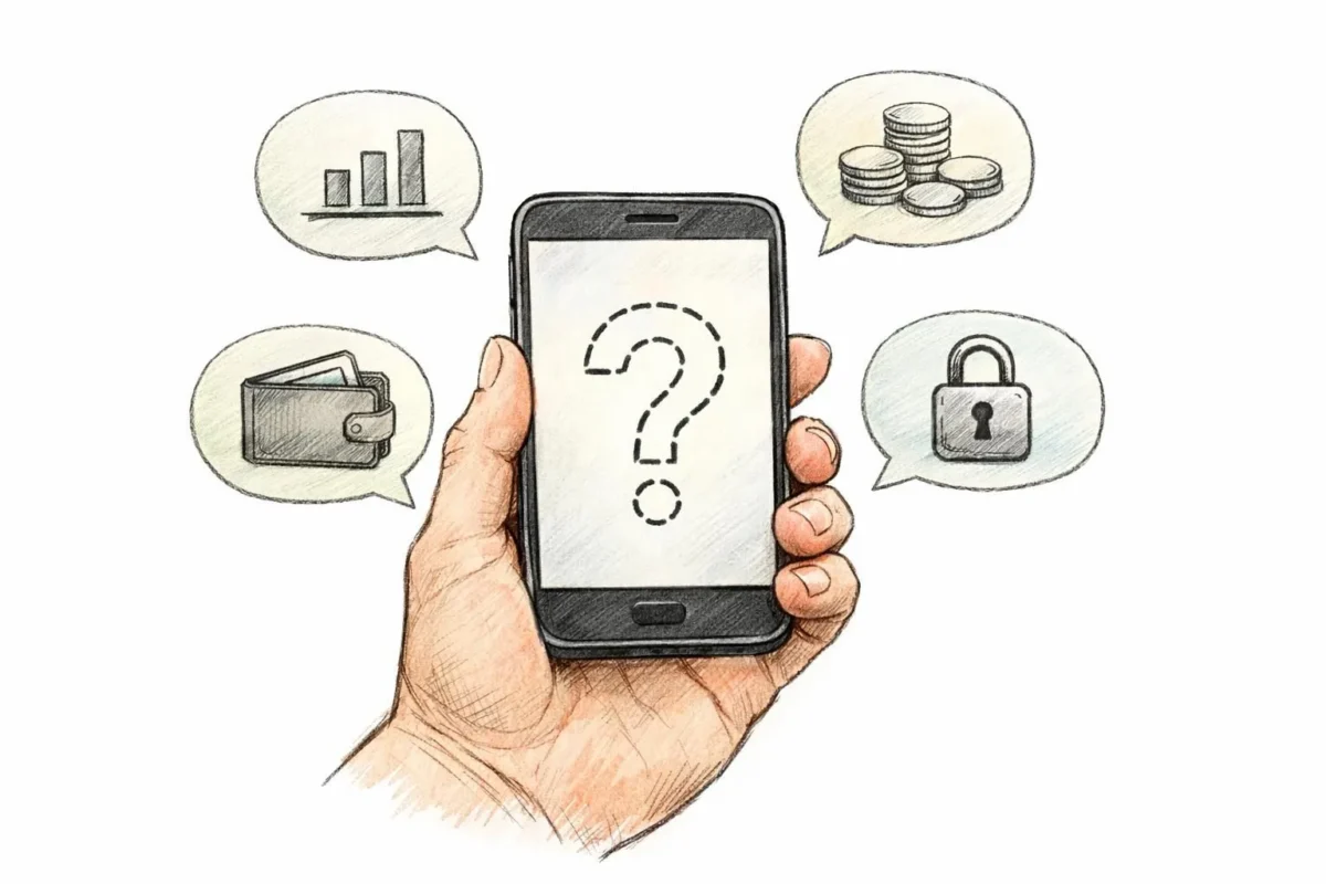 Main tenant un smartphone avec des applications bancaires esquissées. Quelle est la meilleure application bancaire pour vous?