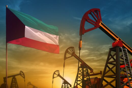 Kuwait,oil,industry,concept,,industrial,illustration.,fluttering,kuwait,flag,and