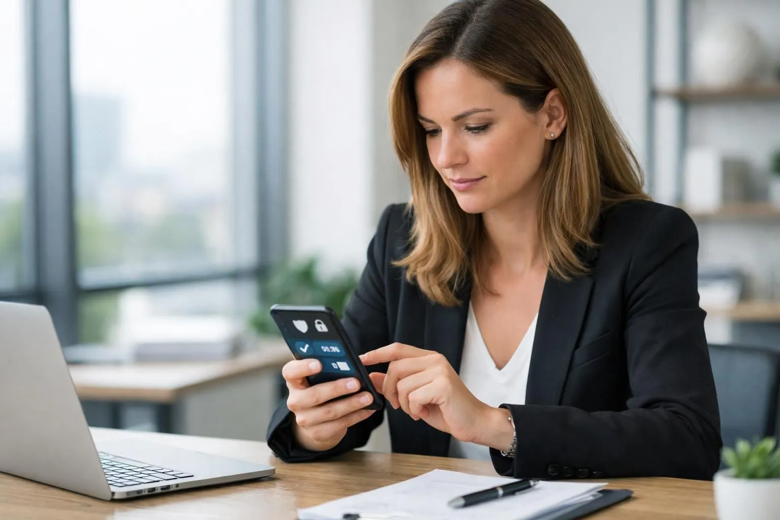 Professional woman in modern office checking banking app on smartphone with visible security shield icons and transaction notifications on screen, natural lighting, realistic photo style for French banking app evaluation article