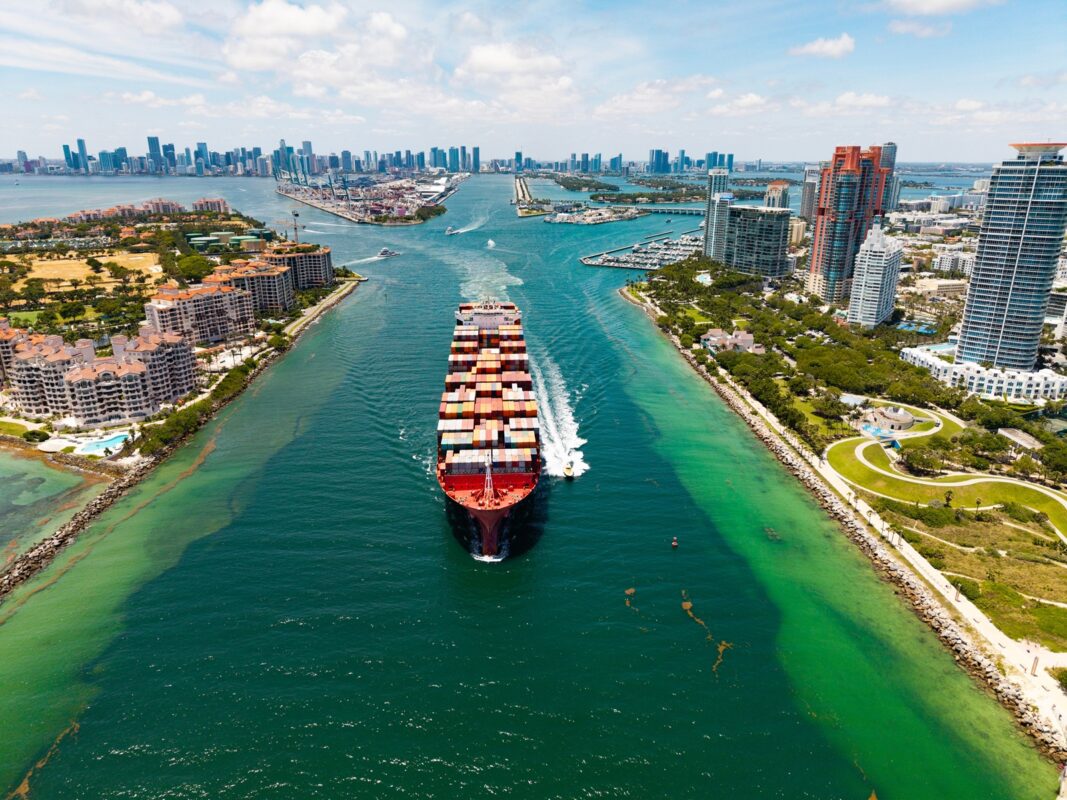 Commercial,shipping.,cargo,ship,in,sea,,aerial,view.,freight,container