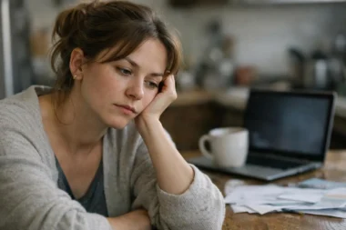 Jeune femme pensive, écran d'ordinateur flou en arrière-plan. Concerne les risques et avis trading en ligne.