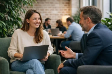 Femme entrepreneuse discutant avec un investisseur dans un espace de coworking à Paris, France, recherche financement start-u