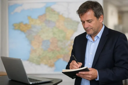 Économiste français analysant l'actualité économique de la France en 2026 avec une carte de France et un ordinateur portable.