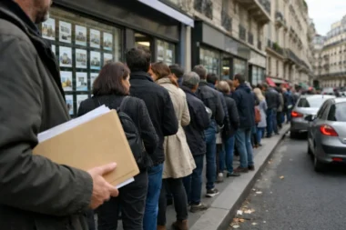 Crise du logement en France : file d'attente devant agence immobilière à Paris