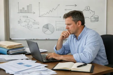 "Un salarié étudie son guide épargne salariale à son bureau"