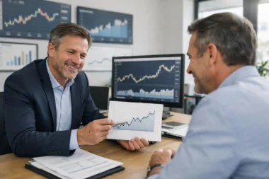 Conseiller financier expliquant les stratégies de gestion patrimoine à un client dans un bureau moderne.