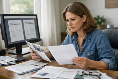 Personne consultant des documents d'assurance vie sur ordinateur avec des papiers et brochures.