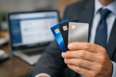 Cartes bancaires professionnelles et ordinateur portable pour choisir le meilleur compte bancaire pro en 2026.