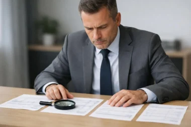 "Homme d'affaires comparant des relevés bancaires avec loupe, recherche de la banque la moins chère"