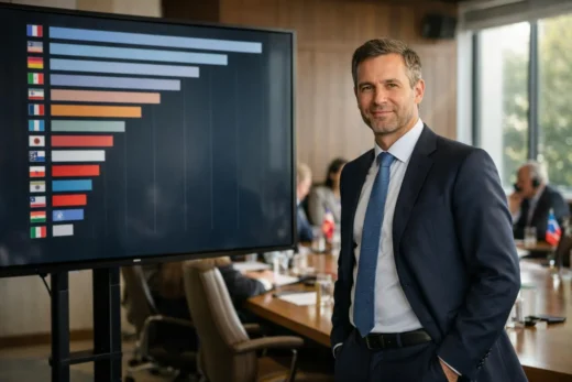 classement des pays par PIB, écran affichant graphique économique, homme d'affaires en salle de réunion.