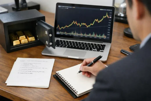 Investir dans l'or avec un ordinateur et des lingots d'or sur un bureau en bois