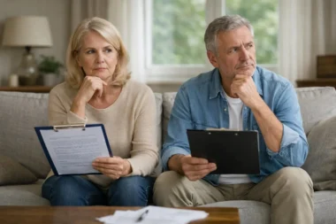 "Deux personnes comparent un contrat d'assurance vie et un PER pour planifier leur avenir financier."