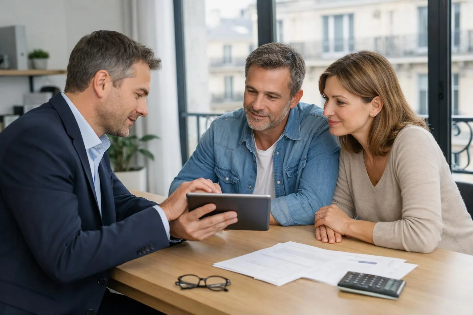 Financial advisor in modern Paris office explaining investment portfolio on tablet to middle-class French couple in their forties, with graphs and documents on desk, natural daylight, professional business setting