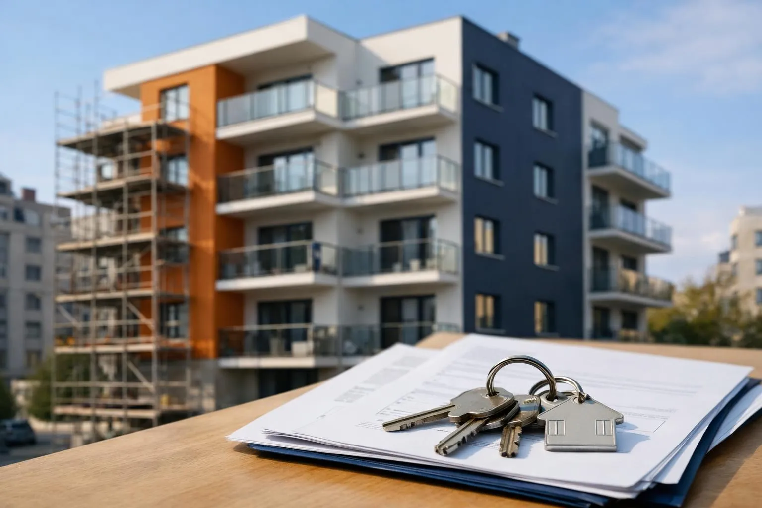 Immeuble moderne à appartements avec balcons, clés sur documents.