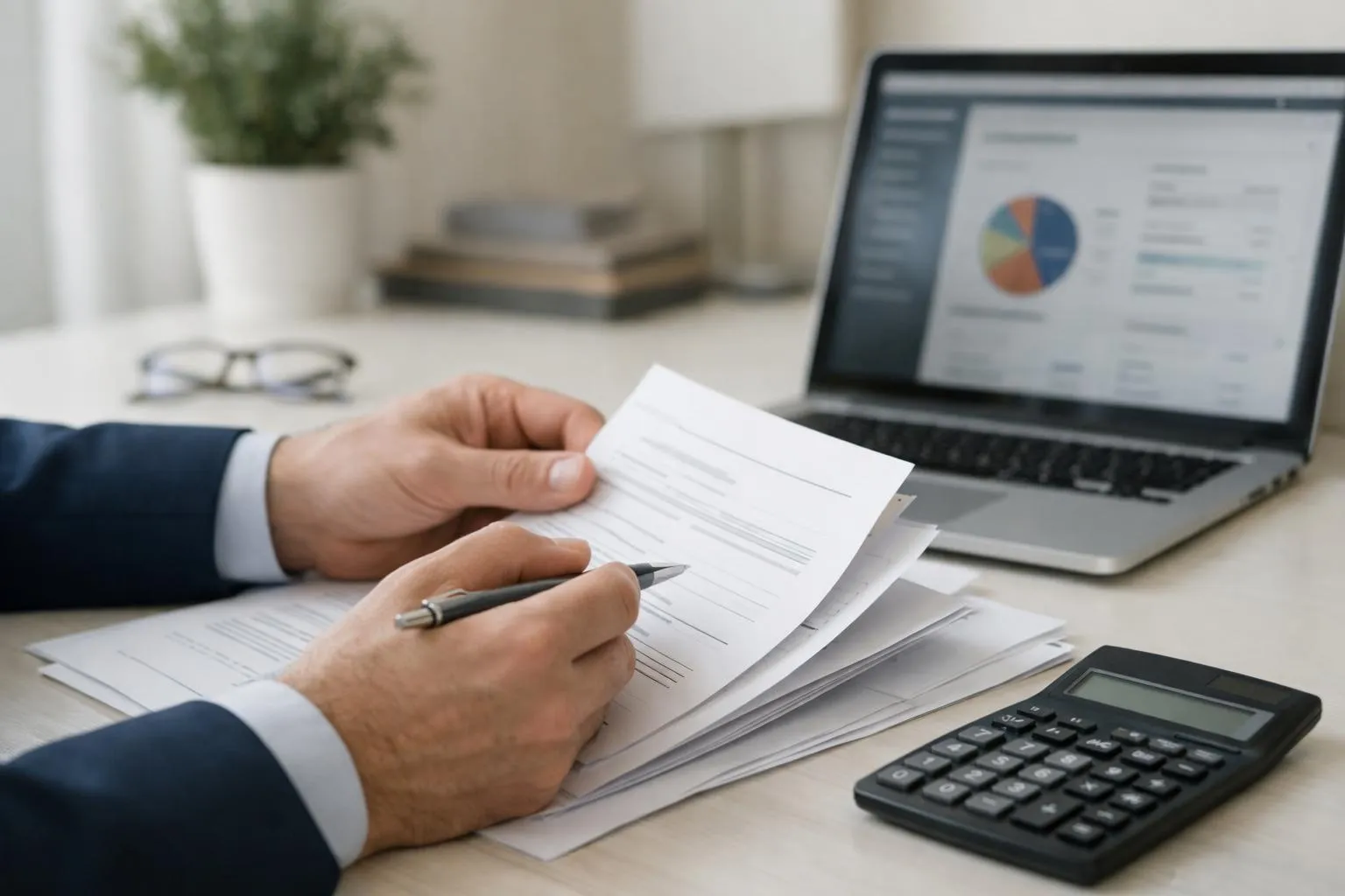 French professional analyzing tax optimization documents with PER retirement plan folder and property donation papers on modern desk with calculator and laptop showing financial planning software in bright home office