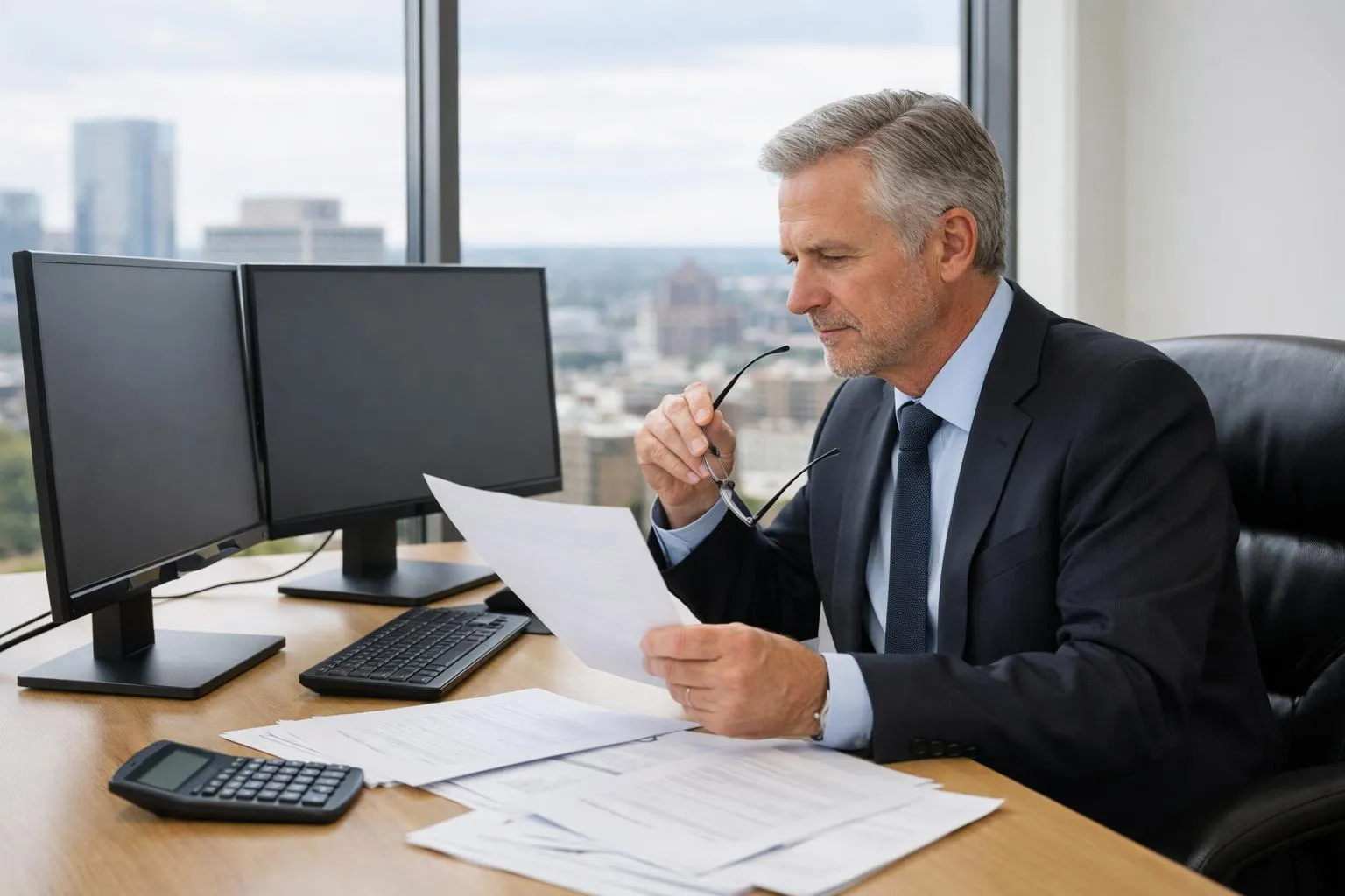Homme d'affaires mature travaillant sur des documents dans un bureau avec vue sur la ville.