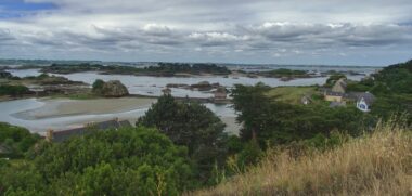 Rivière paisible en Île-de-France, analyse économique de la région, entourée d'arbres et de maisons.