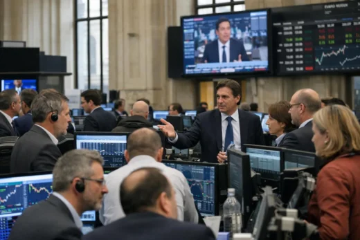La salle de marché de la Bourse de Paris, des traders et des professionnels de la finance suivent les mouvements du marché fr