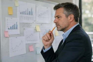 Évaluation d'entreprise : un homme d'affaires analyse les chiffres sur un tableau blanc