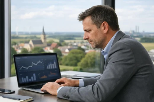 "Homme d'affaires consultant données économiques sur ordinateur dans les Hauts-de-France"