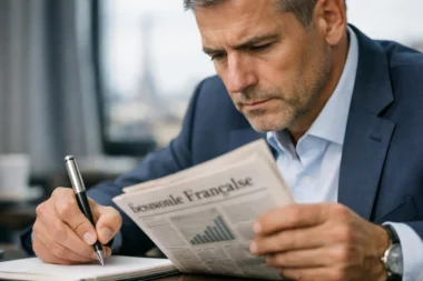 Actualité France économique : un homme d'affaires étudie un rapport financier à Paris