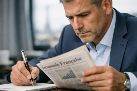 Actualité France économique : un homme d'affaires étudie un rapport financier à Paris