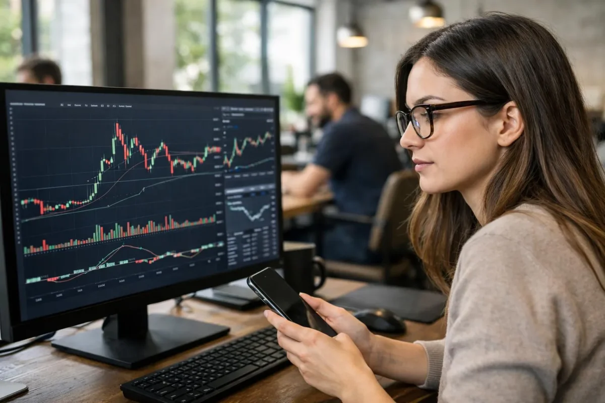 Femme consultant des graphiques de cryptomonnaies sur ordinateur dans un espace de coworking