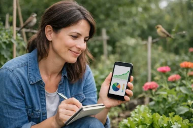 Femme consultant un graphique de placement éthique dans un jardin durable