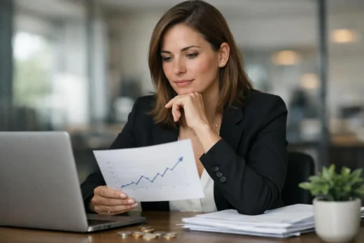 Femme consultant des documents financiers avec un ordinateur portable, planification de placements d'argent.