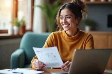 "Femme consultant un guide de crédit consommation sur son ordinateur, planifiant ses finances dans un espace de travail chale