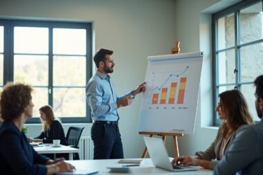 Investissement PME avantages - Entrepreneur analyse croissance entreprise avec équipe dans un bureau moderne