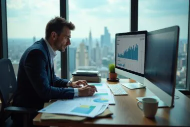 Économiste analysant prévisions inflation 2026 dans un bureau avec vue sur la ville.