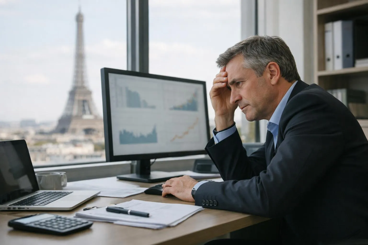 Homme d'affaires stressé examinant des graphiques sur un ordinateur.