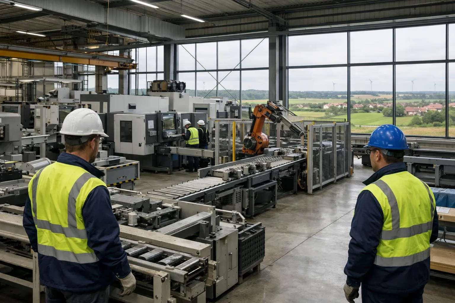 Usine de production automatisée avec équipements industriels et ouvriers en tenue de sécurité.