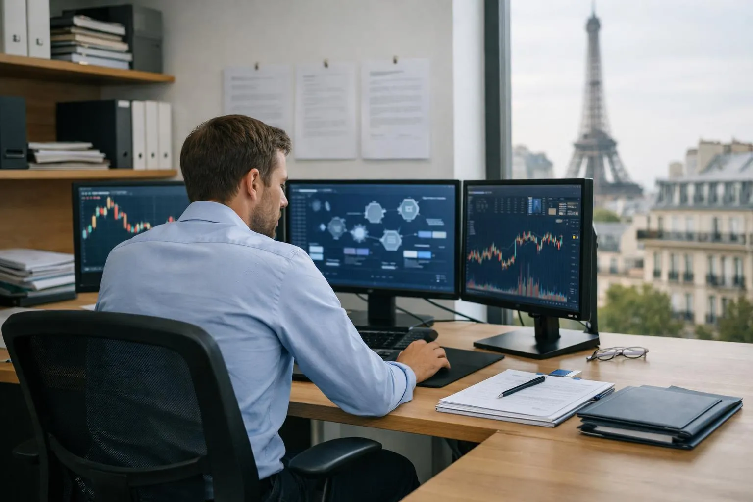 Homme d'affaires analysant des graphiques financiers sur plusieurs écrans dans un bureau avec vue sur la Tour Eiffel.