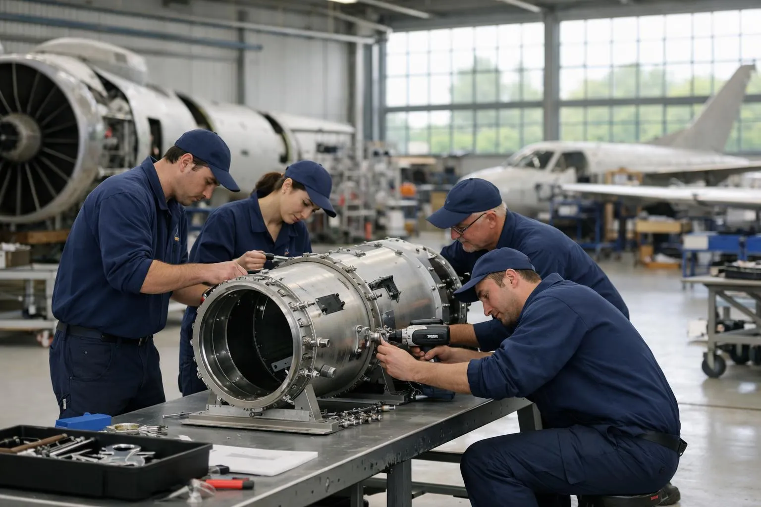 Équipe d'ingénieurs aéronautiques réparant un moteur d'avion dans un hangar.