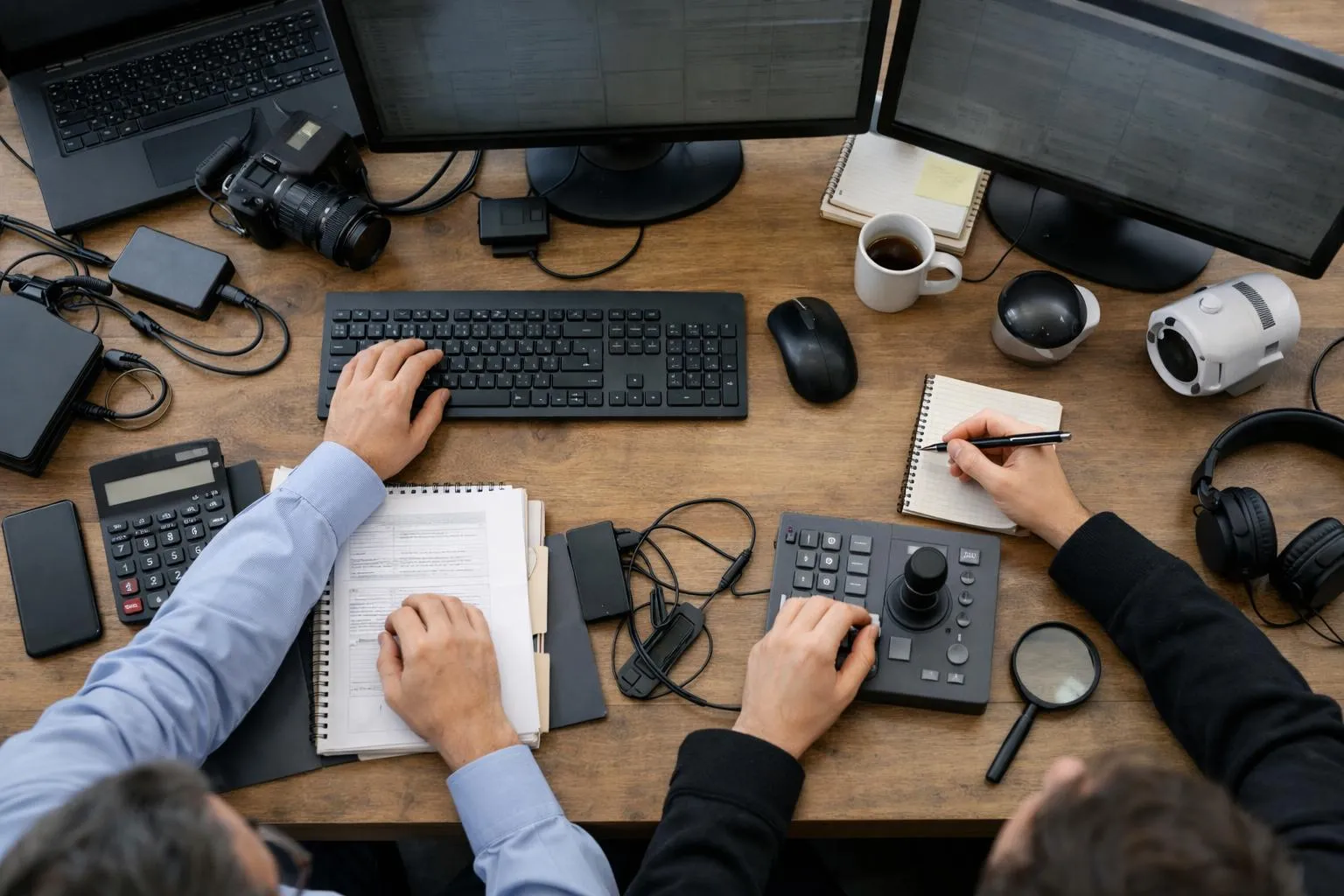 Bureau de travail avec ordinateurs, caméra, accessoires et documents.