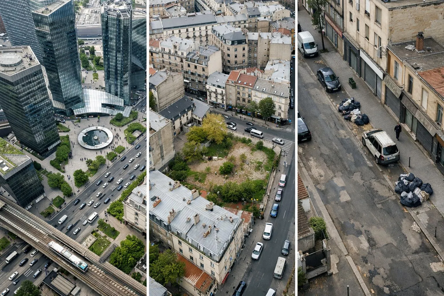 Paysage urbain de Paris avec gratte-ciel, bâtiments anciens et circulation routière.